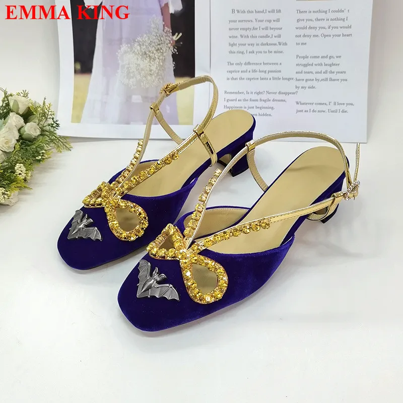 

Summer Rhinestone Suede Leather Women Sandals 2023 Fashion Slingback Chunky Heels Sandals Luxury Designer Banquet Wedding Shoes