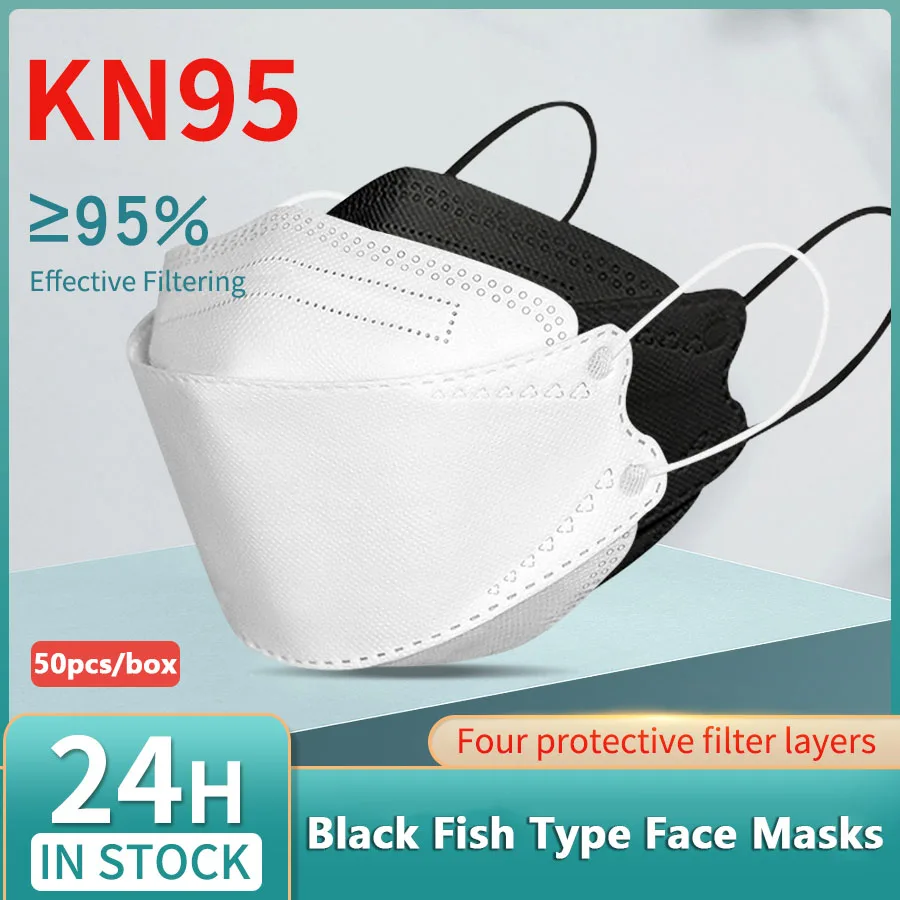 

50pcs Face Mask KN95 Fish Type Mouth Mask Dust-Proof Anti-PM2.5 Breathable Respirator Protective Black White 4D Dust Masks