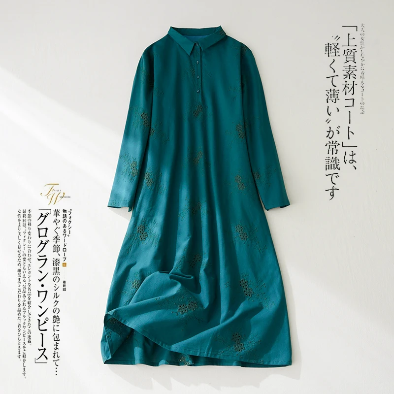2022 New Arrival Embroidery Long Sleeve Green Autumn Blouse Dress