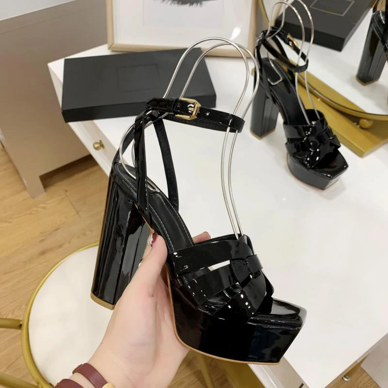 2023 New Lacquer Leather Ultra High Heels Women's Sandals Classic Open Toe Casual Fish Mouth Shoes Brand Sexy Party High Heels