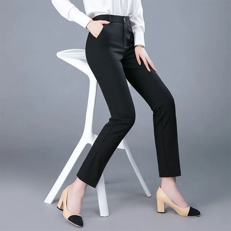 Office Lady Button Mid Waist Trousers Womens Spring Summer Solid Color Pockets Slim Fitting Straight Cropped Casual Pants