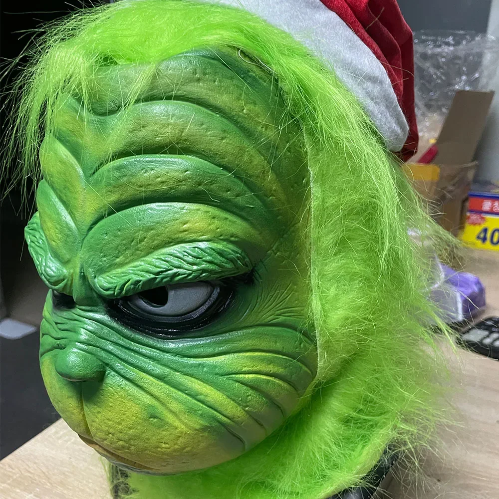 Grünhaarige Monstermaske – Cosplay-Maske, Halloween, Anime, Latex-Kopfbedeckung mit Pelzhandschuhen im Lieferumfang enthalten – Monster-Kostüm-Zubehör – Detail 5