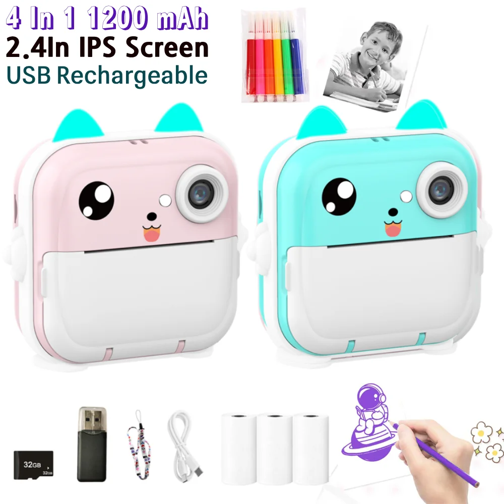 귀여운 디지털 카메라 4 in 1 1200mAh 2.4인치 IPS 스크린 USB 충전식 IPS 스크린 감열 프린트 카메라