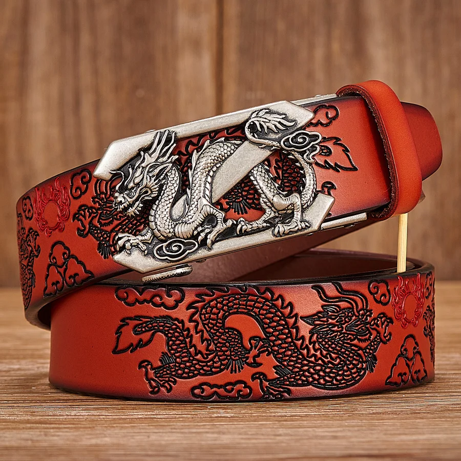 Male Genuine Leather Belts Casual Ratchet Belt with Automatic Buckle Luxury Design Dragon Pattern Belts for Business Men Strap