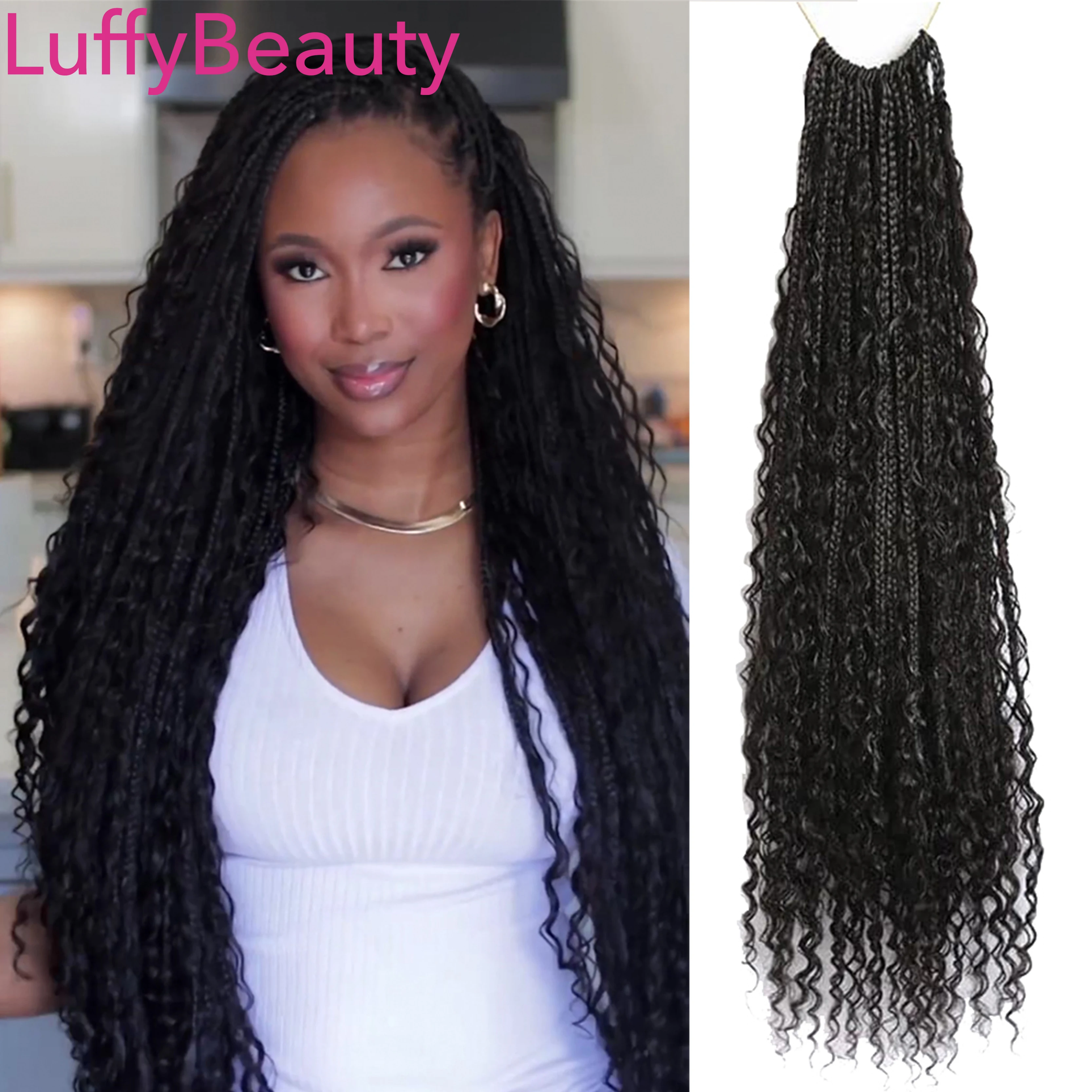 

Human Hair Crochet Boho Box Braids With Human Curls Pre-looped Synthetic Braid With Curls Full Ends 14-30inches LuffyBeauty