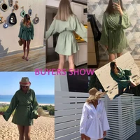 Women's V-Neck Kimono Cardigan Mini Dress Cotton Linen Long Sleeve Sashes Dresses Robe Style Lace Up Summer Loose Vestidos - Image 3
