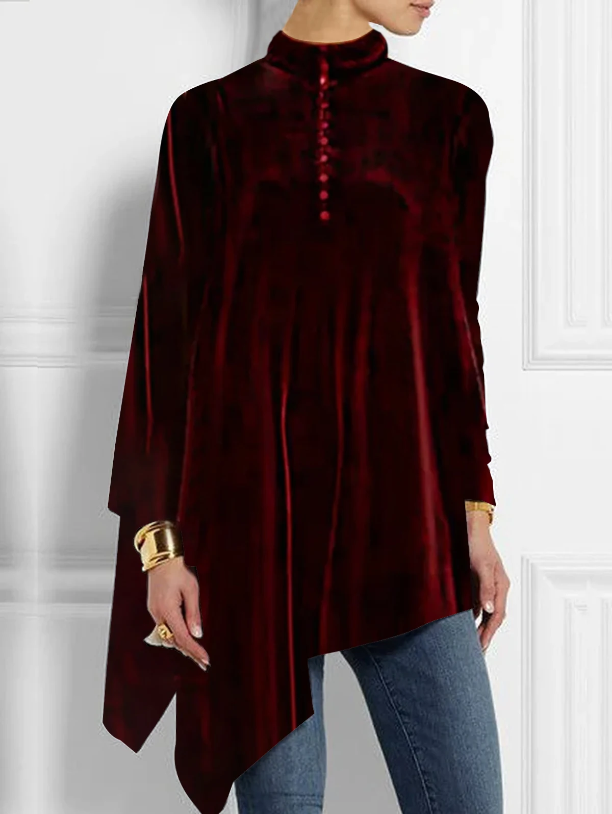 thumbnail image 1 of Blusa de talla grande con dobladillo irregular para mujer, camiseta de manga larga de terciopelo retro a la moda de otoño, top asimétrico holgado informal con cuello alto, 1 of 4