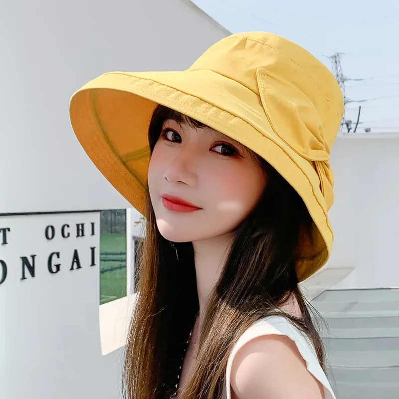New Women Summer Bucket Hat Sunscreen Cap Beach Outdoor Ladies Panamas Bowknot Foldable Sun Hat Breathable Headwear