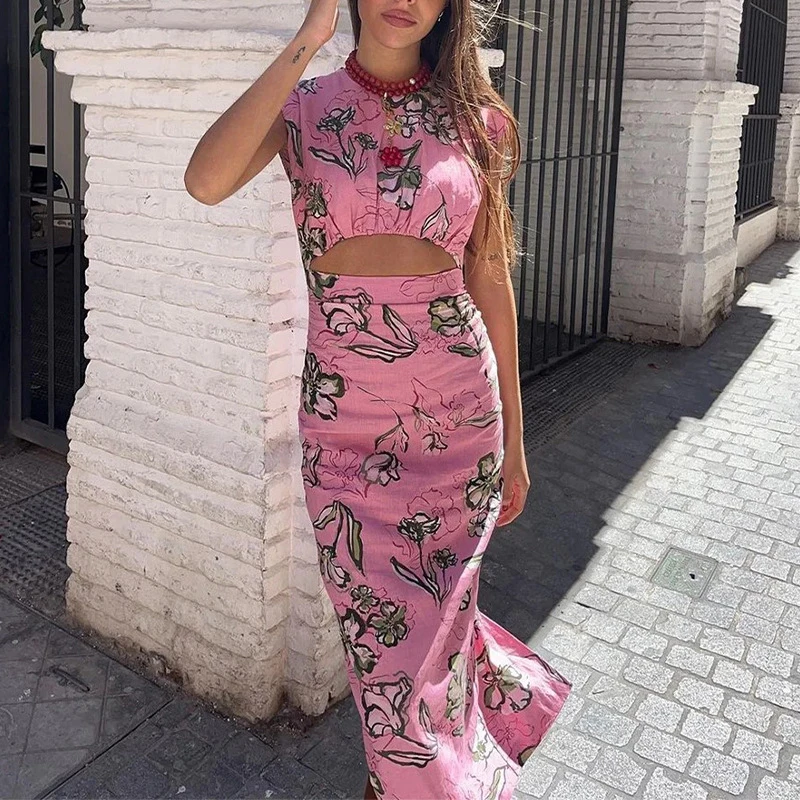 

Summer Fashion Round Neck Hip Wrap Dress Women Casual Short Sleeve Slim Long Dress 2024 Elegant Floral Print Hollow Party Dress