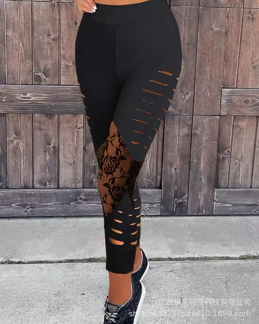 Women's 2023 Summer New Hollow Lace Splicing Tight Nine-minute Bottoms  Sports Fitness Leisure Pants Female