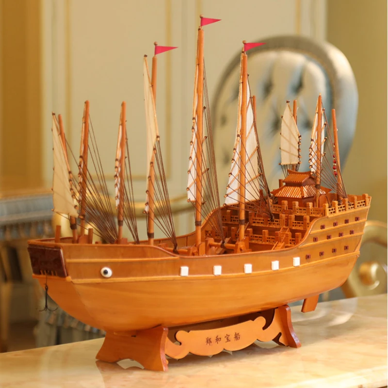 Sailboat Model Ornaments Zheng He Treasure Ship Wooden Simulation Ship  Creative Decorations Wooden Boat Gift Boat Ornaments
