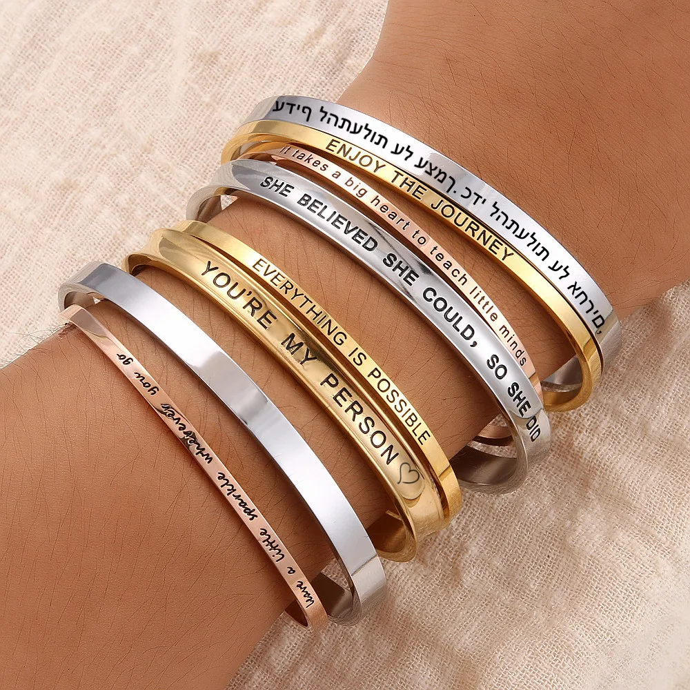 Personnalisé Bracelet For Women Custom Necklace Bar Engraved Name Text Mantra Bangle Cuff Stainless Steel Jewelry For Women Gift_voghion.com