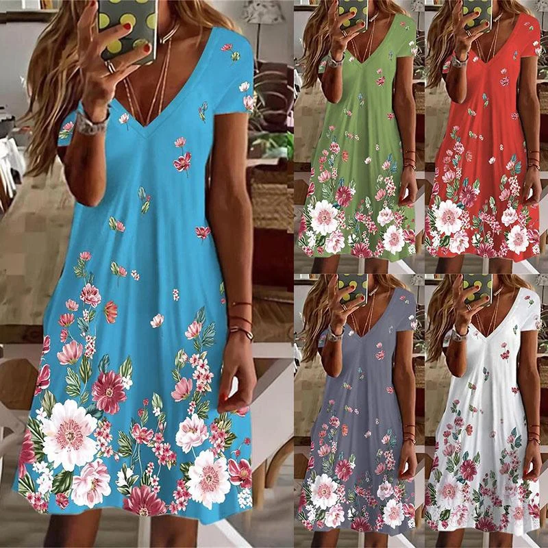 

Женское Повседневное платье-халат, короткое платье с коротким рукавом и цветочным принтом, базовое платье с V-образным вырезом для весны и лета