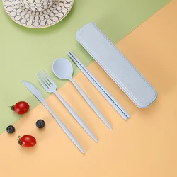 Eco - Friendly Wheat Straw Cutlery Set with Portable Case - Reusable Utensils Pack (Light blue)