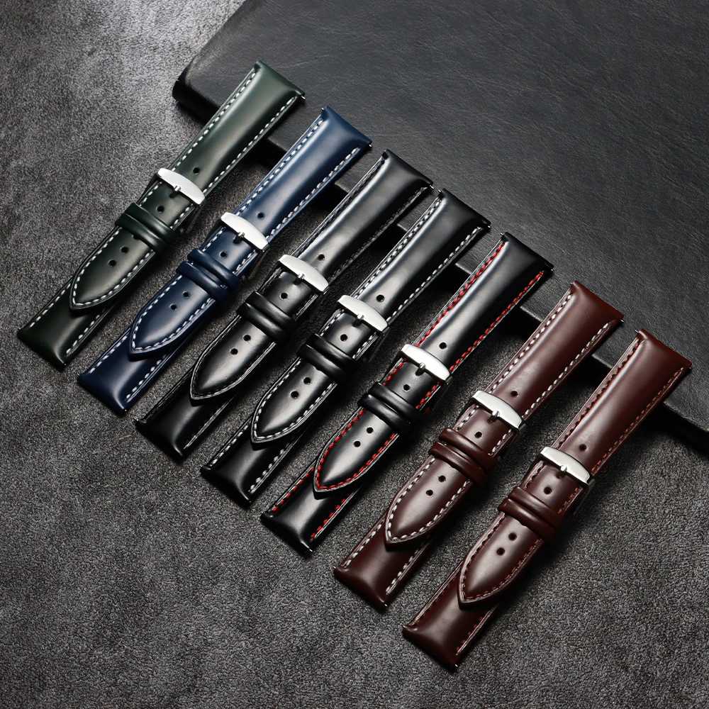 Vintage Polished Cowhide Quick Release Stitching Watch Strap, 20-22mm Universal Wristband
