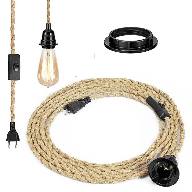 4.5M Vintage Style Hemp Rope Pendant Light Cord Kit EU US UK Plug Switch E26 E27 Lamp Holder for Simple Pendant Light Decoration