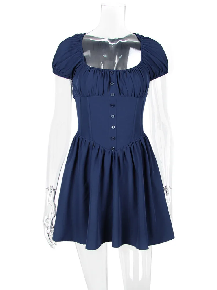 open lace back dress Navy Button Pleated Mini Dress & Reviews - Navy - Dresses main image 0