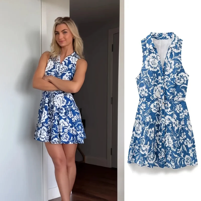 PB&ZA Women's 2024 Summer New Fashion Temperament Hollow Embroidery Contrast Print Mini Dress 3203/722