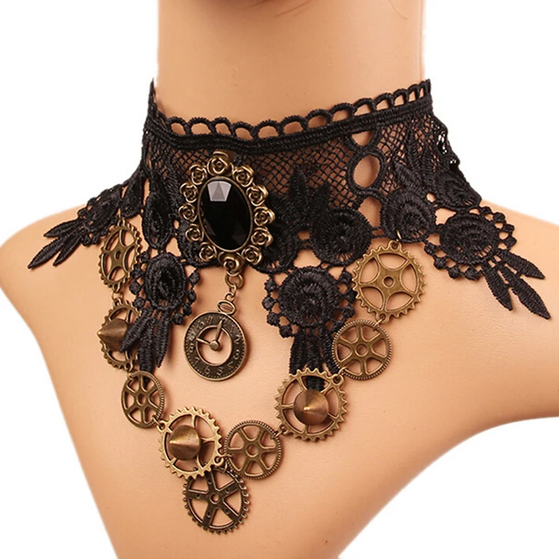 Gothic Collares Sexy Chokers Crystal gear chain Black Lace Neck Choker Necklace Vintage  Women Chocker Steampunk Jewelry