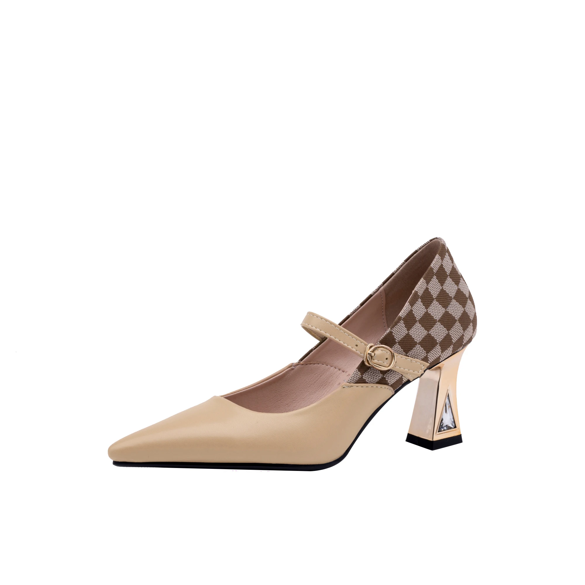 

2023 new Spring women pumps plus size 22-28cm length Plaid splice pointed toe mixed colors buckle Mary Jane shoes high heels