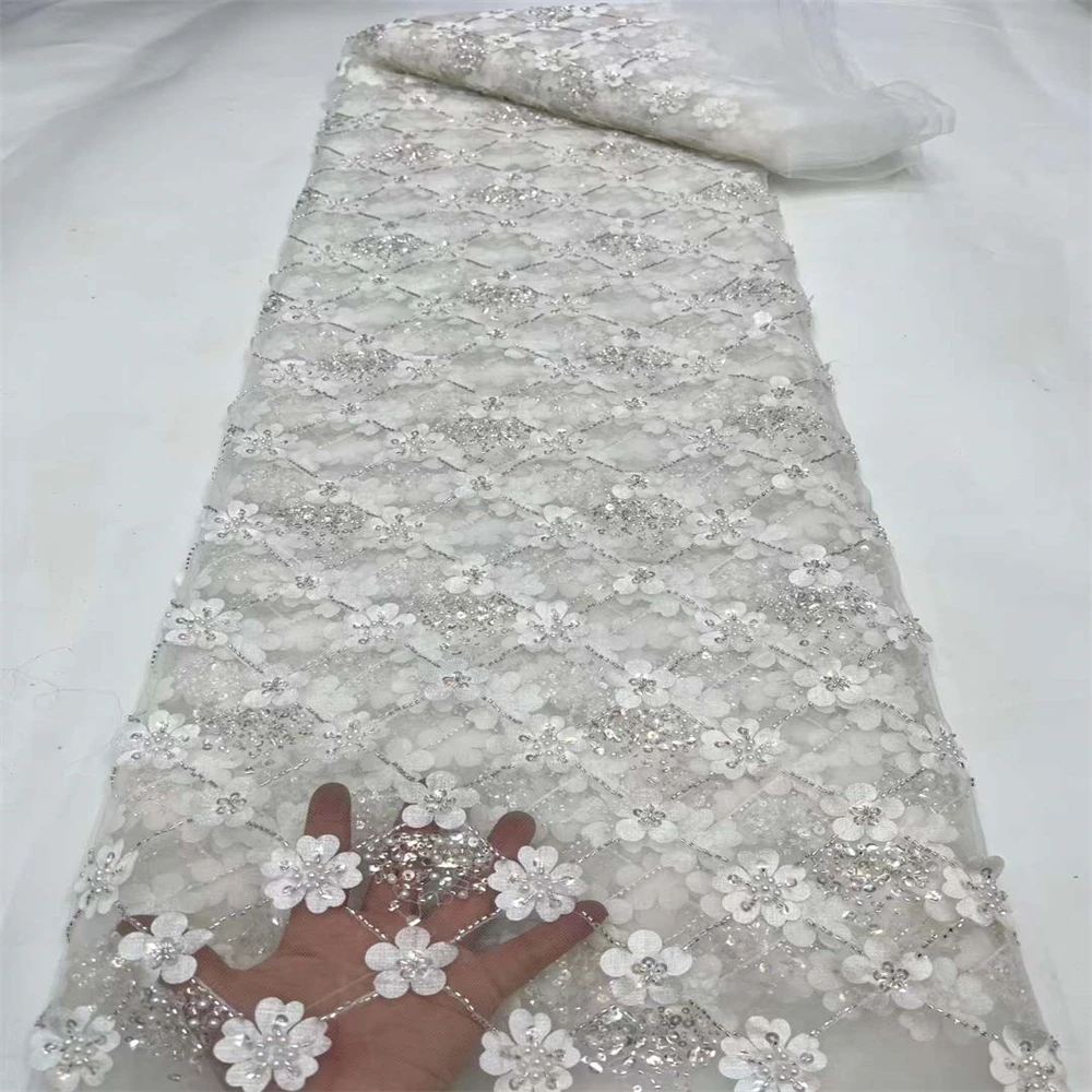 

3D African Mesh Laces Fabric With Sequins And Beaded Nigerian Tulle Lace Fabric French Tulle Lace Fabric For Wedding Party XC300