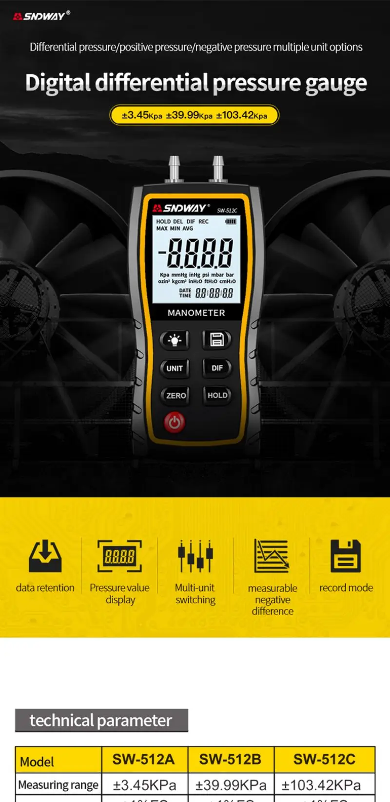 Description Picture 2 of itemSNDWAY SW-512 Digital Pressure Gauge Differential Gas Pressure Gauge Measuring Instruments Barometric Gauges SW-512B SW-512C