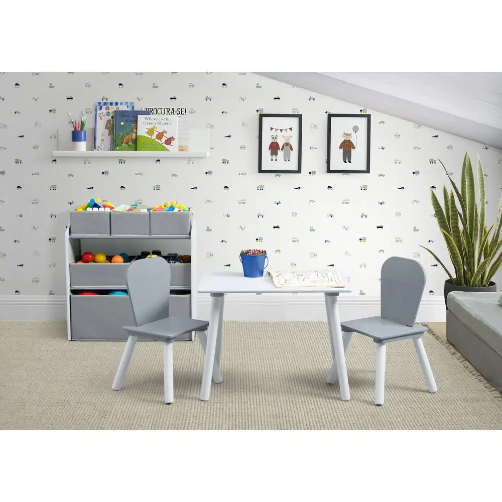4-Piece Kids Playroom Set Wooden Table 2 Chairs Toy Organizer with Cling Stickers Storage Solution Toddlers Ages 3 3
