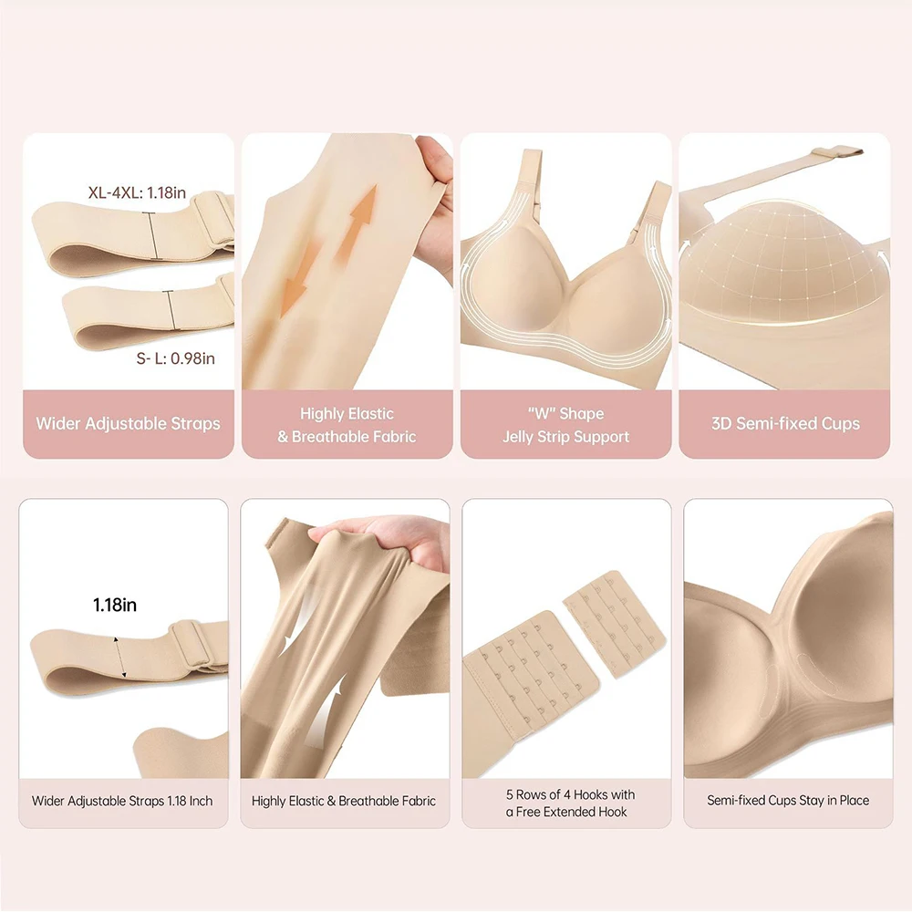 Plus Size Push Up Jelly Bra Seamless No Underwire Bras Full Coverage Brassiere Hide Back Fat Tshirt Bras Comfort Daily Bralette