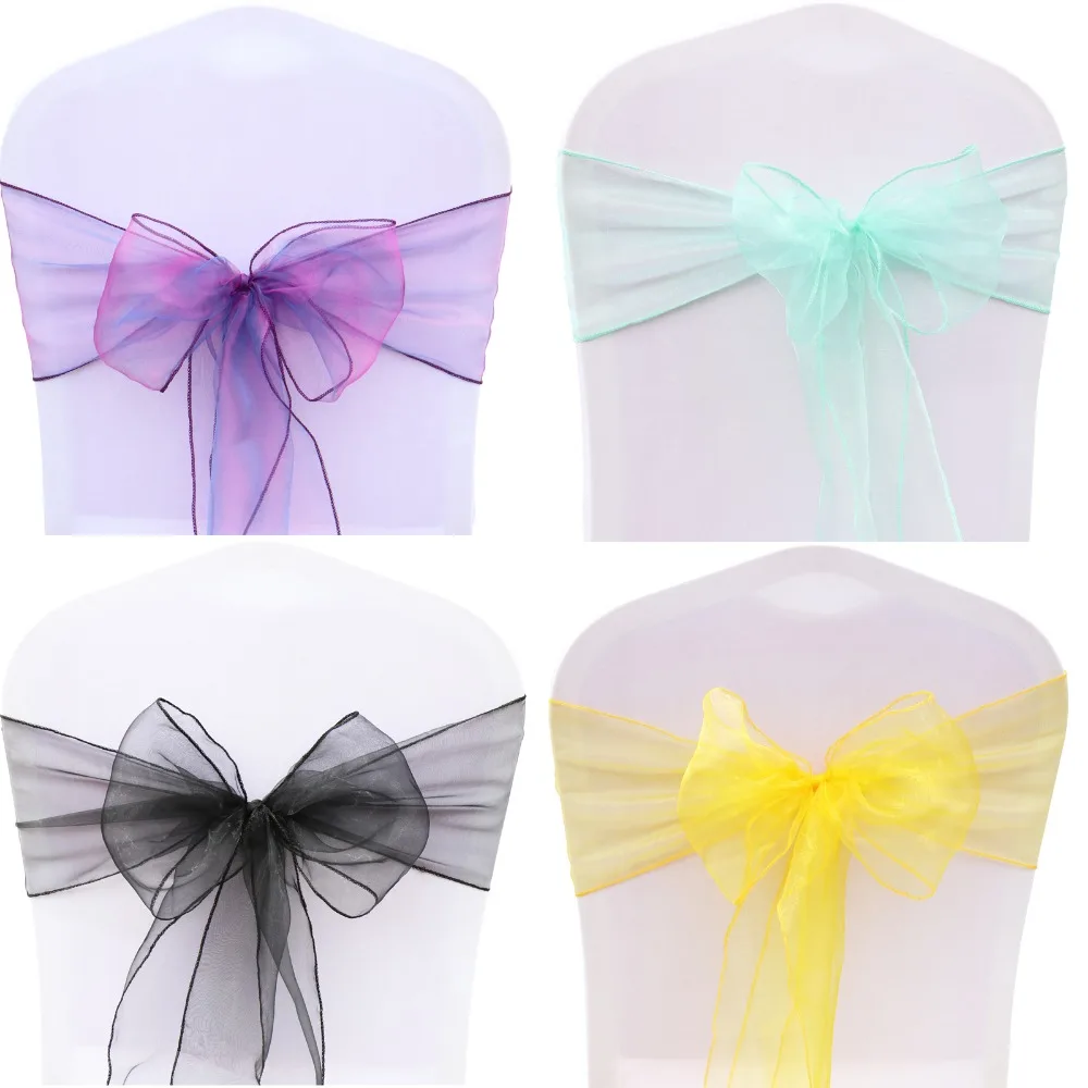Free Shipping 25pcs/set 32 Colors Organza Chair Sashes 7x108inch Event Ceremony Party Wedding Chairs Knot Decoration Chair Bows