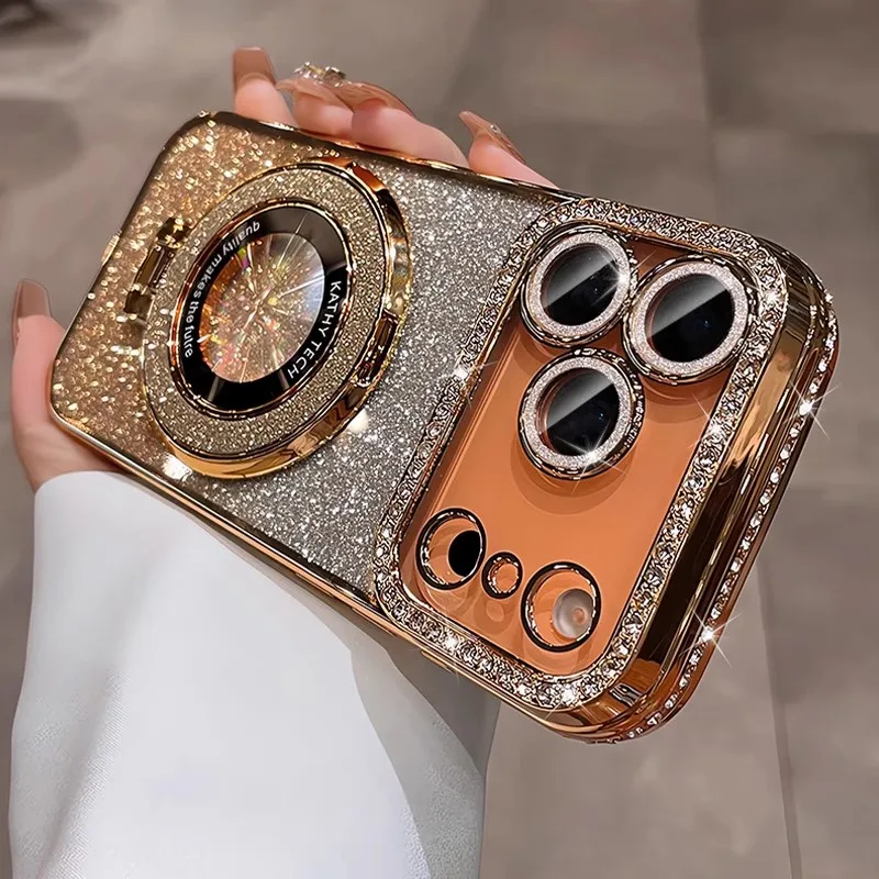 Luxury Plating Diamond Glitter Holder Stand Phone Case For iPhone17 16 15 14 13 12 Pro Max For Magsafe Lens Protector Back Cover S81534e8b98a34696bd510a3de18e9582J