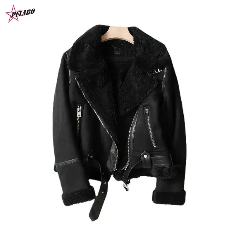 

PULABO Autumn Winter Faux Suede Lambswool Thick Warm Locomotive Jacket Women Casual Lapel Zip Belt Jacket Female Street Outwear