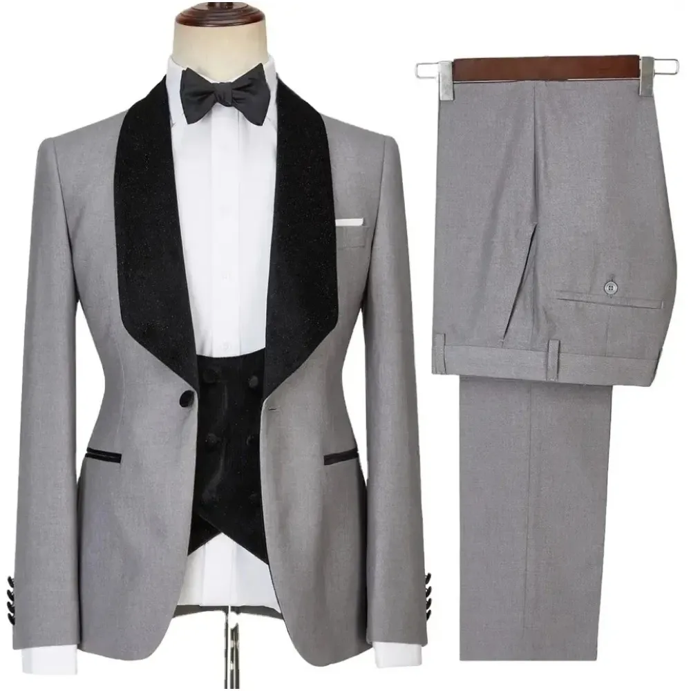 

Grey Men Suits Velvet Waistcoat Velvet Shawl Lapel Blazer Sets Wedding Groom Male Party Dress Wear 3 Pieces Jacket Pants Vest