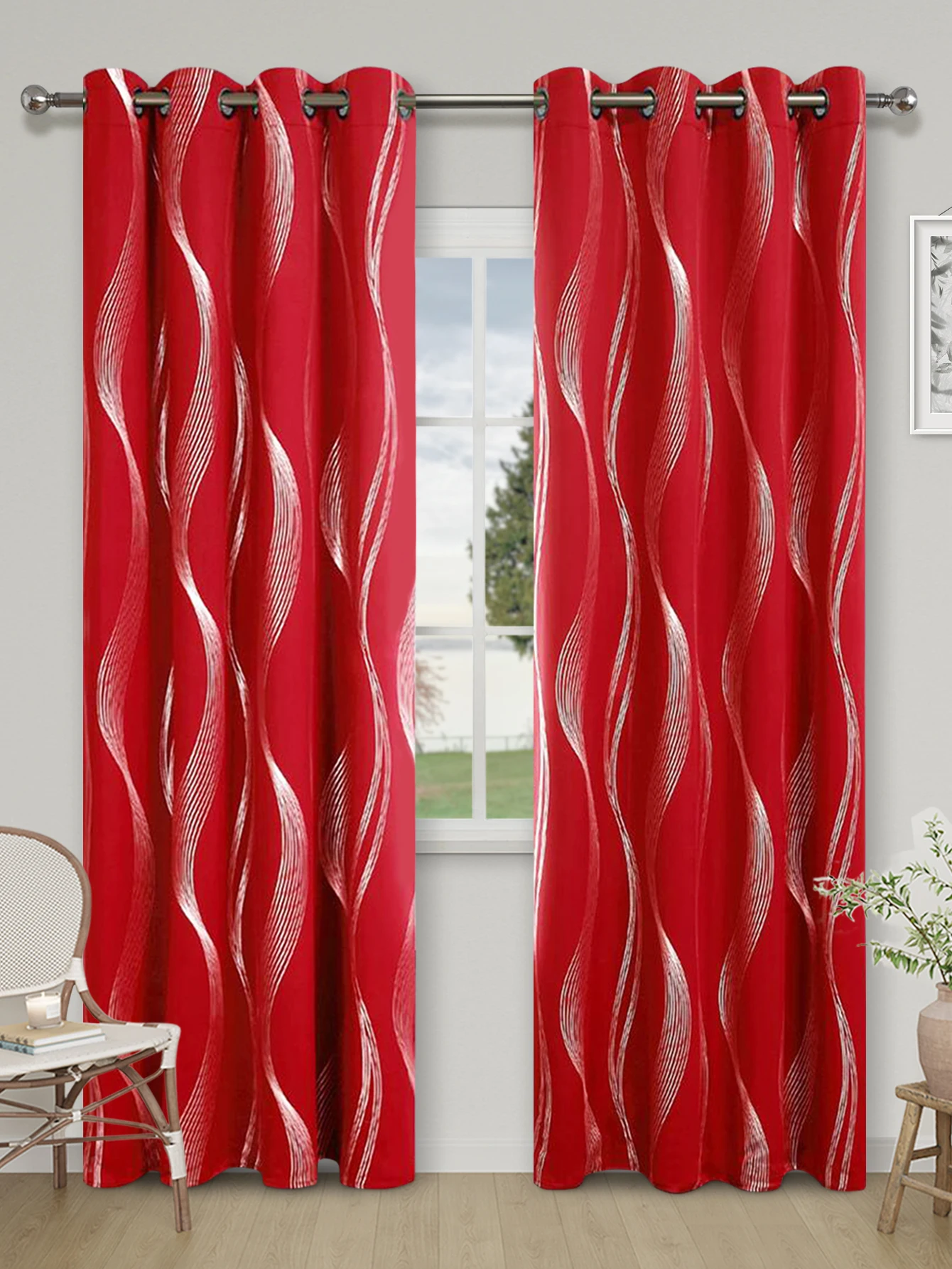 High Precision Blackout Curtains - Silver Embossed Wave Pattern for Light Blocking and Heat Retention