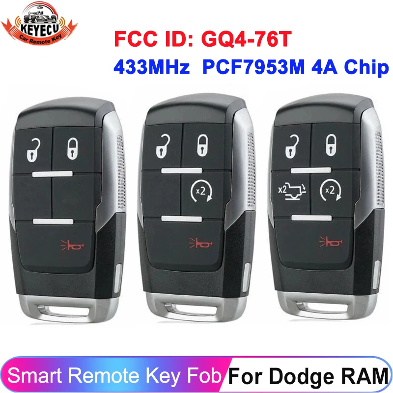 GQ4-76T For Dodge RAM Pickup HD 2500 3500 4500 5500 2019 2020 2021 433MHz PCF7953M 4A Chip 68375456AB Remote Key 3 4 5 Buttons