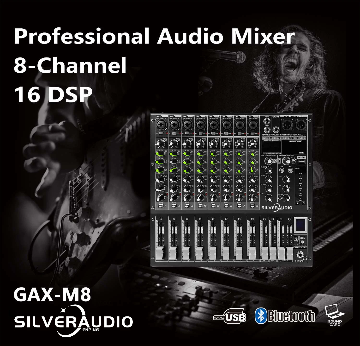 GAX-M8 Pro 8채널 DJ 오디오 믹서 (BT5.0 USB 믹싱 콘솔, 16 DSP 리버브 효과, 가정용 KTV 무대용)