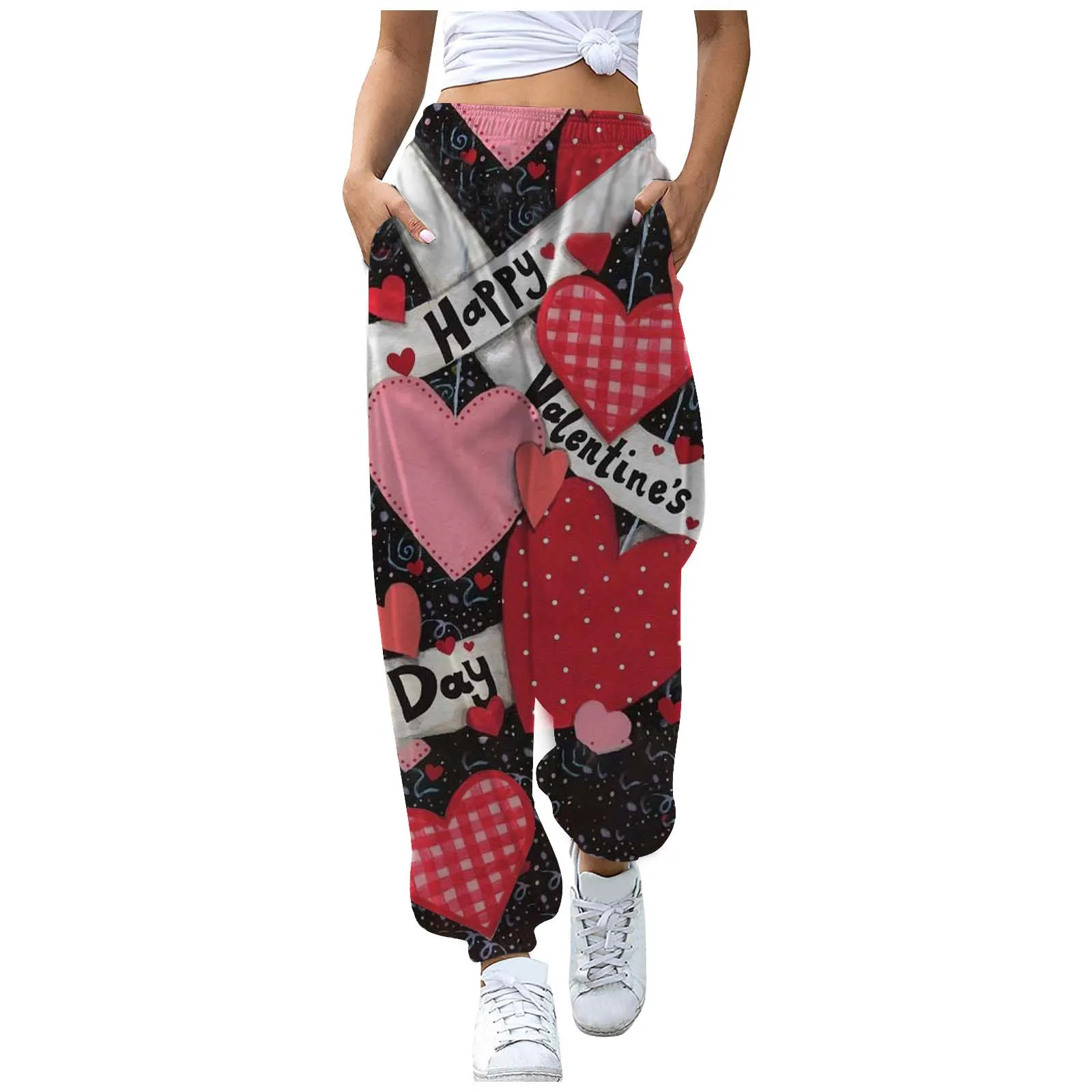 

Valentine's Day Heart Print Women Casual Pants With Pockets Fashion High Waist Bunch of Feet Baggy Trousers Sport Jogging Pants