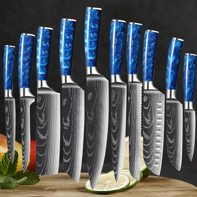 

Household Chef Knife Set Damascus Pattern Meat Cleaver Stainless Steel 7CR17 Butcher's Boning Knife Kitchen Knives Slicing Knife