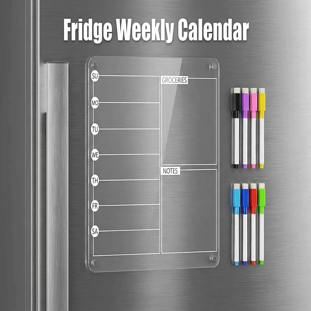 Magnetic Acrylic Weekly Planner with 8 Markers - Transparent, Reusable, Frameless Design