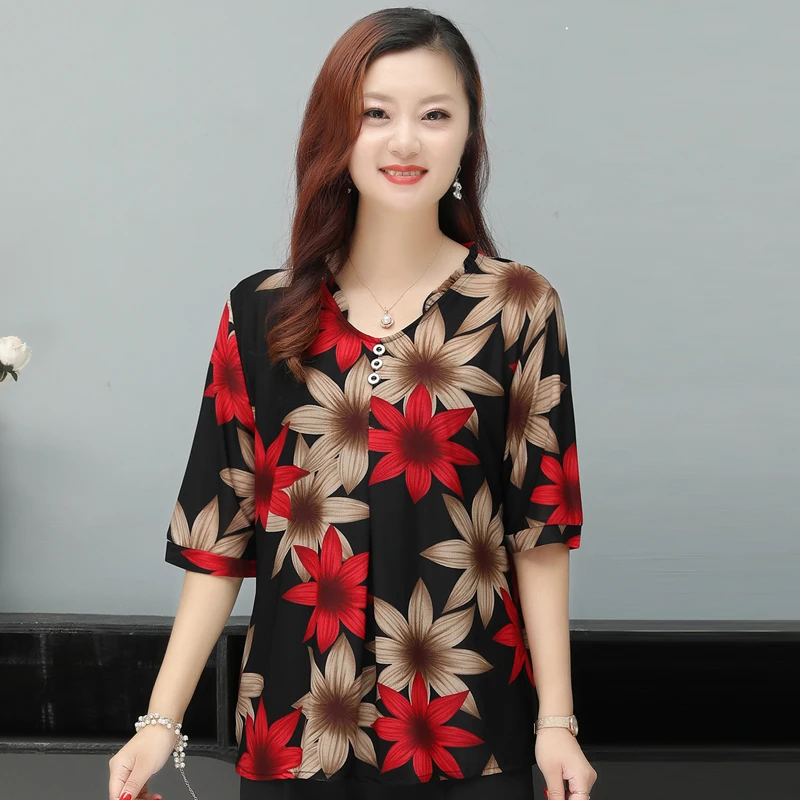 Chiffon Shirt Pullover Large Size 2023 Summer New Short-sleeved Middle-aged  Long Women's Blouses Loose Blusa Ladies Top 86i - Women Blouse - AliExpress