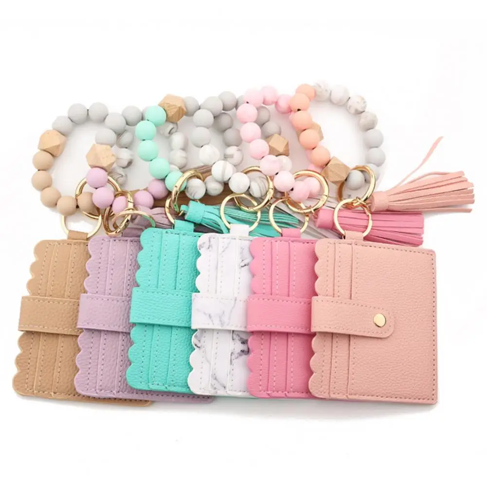 Women coin wallet bracelet stylish leopard print with beads tassel keychain faux leather