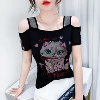 New European Clothes Ladies T-Shirt Fashion Sexy Off Shoulder Shiny Cartoon Mesh Diamond Tops Summer Short Sleeve Women Tees - Image 5