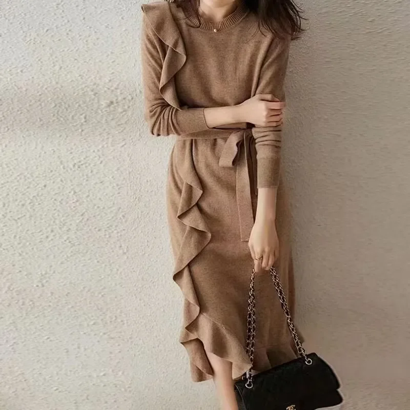 

Autumn and winter women's 2023 new French trench coat with long skirt sweater lazy style dress