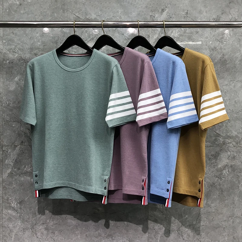 

Men's T-shirt 4-bar Fashion Luxury Brands Striped Cotton Summer New Round Neck Casual trend Couple High Quality Short Sleeves