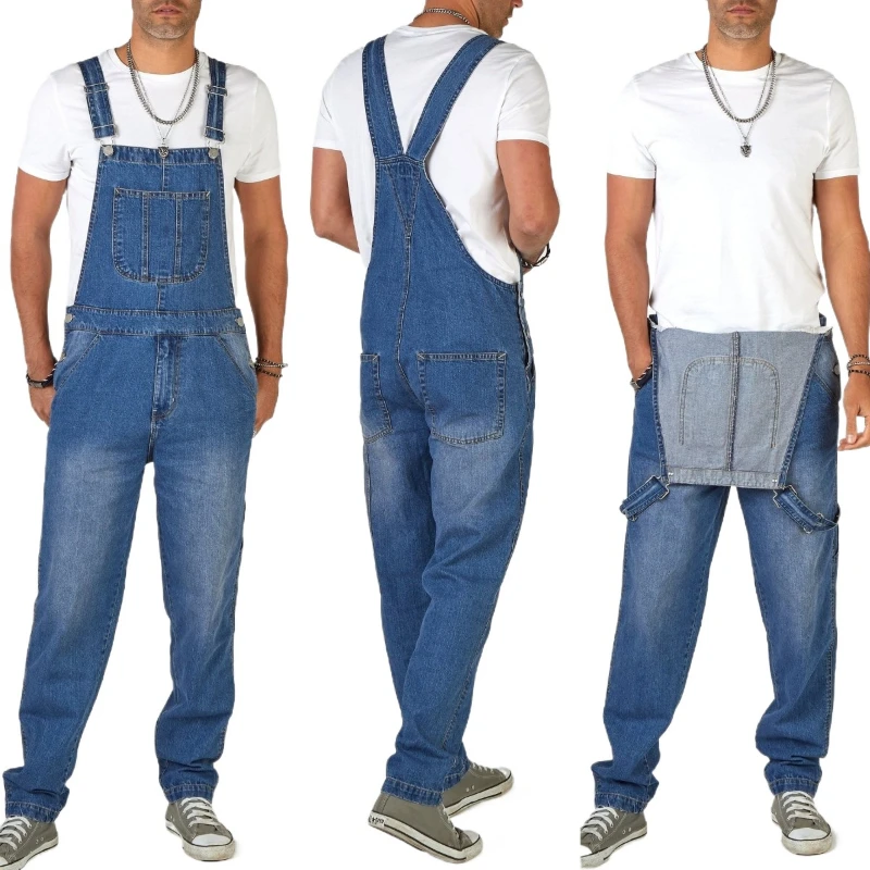 

2024 Men Jeans Denim Bib Pants Washed Full Length Jumpsuits Hip Hop Straight Jeans Overalls for Men Streetwear Y2k Male Jumpsuit