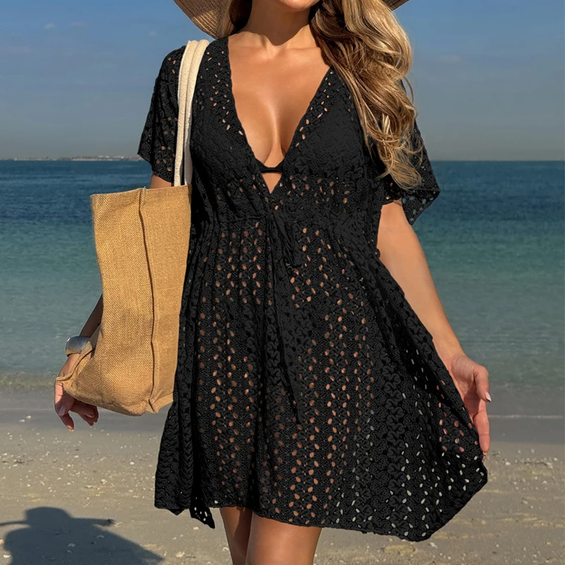 New Style Hollow Out Knitted Bikini Cover Up Women's Beach Vacation Sun Bathing Sunscreen Dress Fashion Casual Strap Dress 1