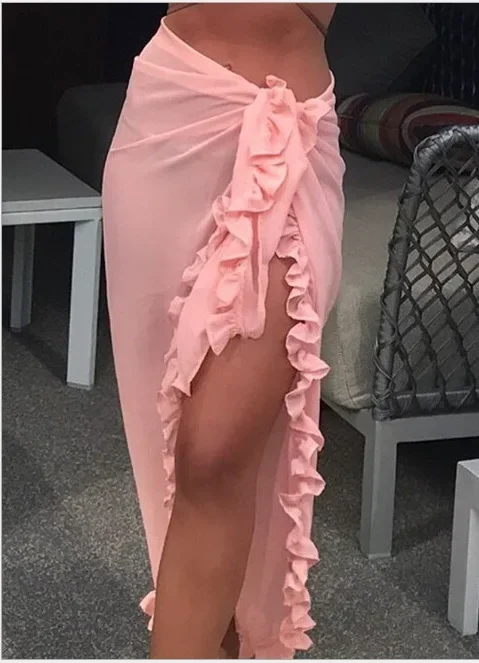 Women Chiffon See-Through Beach Bikini Cover Up Wrap Scarf Swimwear Pareo Sarong Dress Solid Ruffle Casual Beach Dress