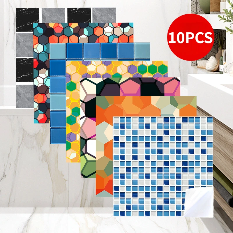 

Mosaic Glossy Imitation Tile Stickers Bathroom Kitchen Anti-oil Wall Stickers Wallpaper PVC Square Tiles Self-adhesive Wallpaper