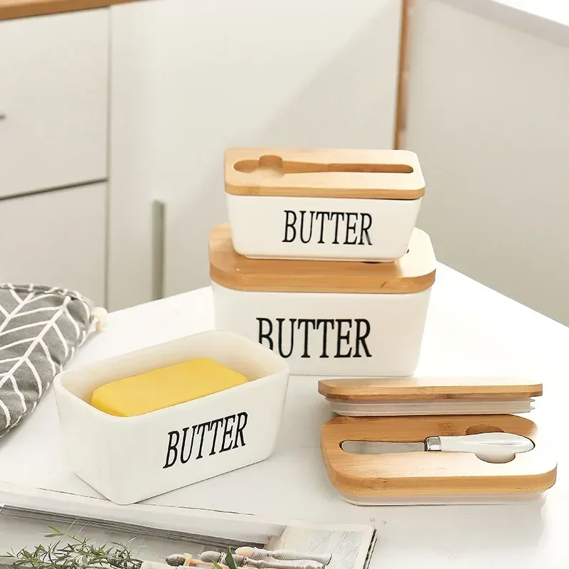 Ceramic Butter Bowl Restaurant Sealed Container Storage Box Cheese Box with Knife Bamboo Lid Butter Slicer Dish Tableware butter storage box ceramic sauce dishes