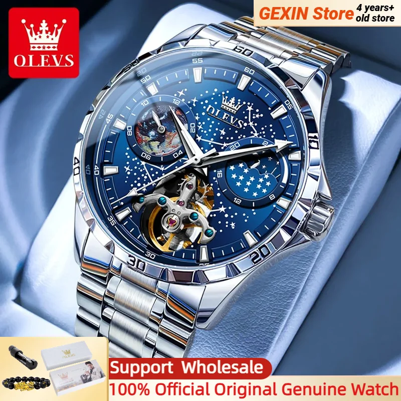 OLEVS Men's Watches Waterproof Multifunctional Luminous Fully Automatic Mechanical Watch Moon Phase Starry Original TOP Brand