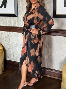 Women's Long Sleeve Tie-Dye Print V-Neck Wrap Dress with Belt for Cocktail Party and Streetwear Fashion 2